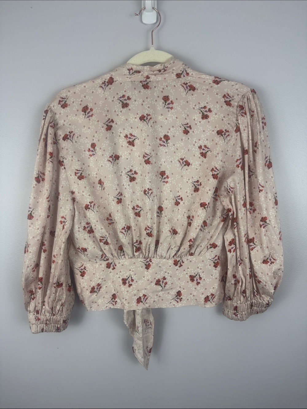 NWT Zara Floral Tie-Front Puff Sleeve Cropped Blouse - Mauve Pink - Size L - Picture 11 of 11